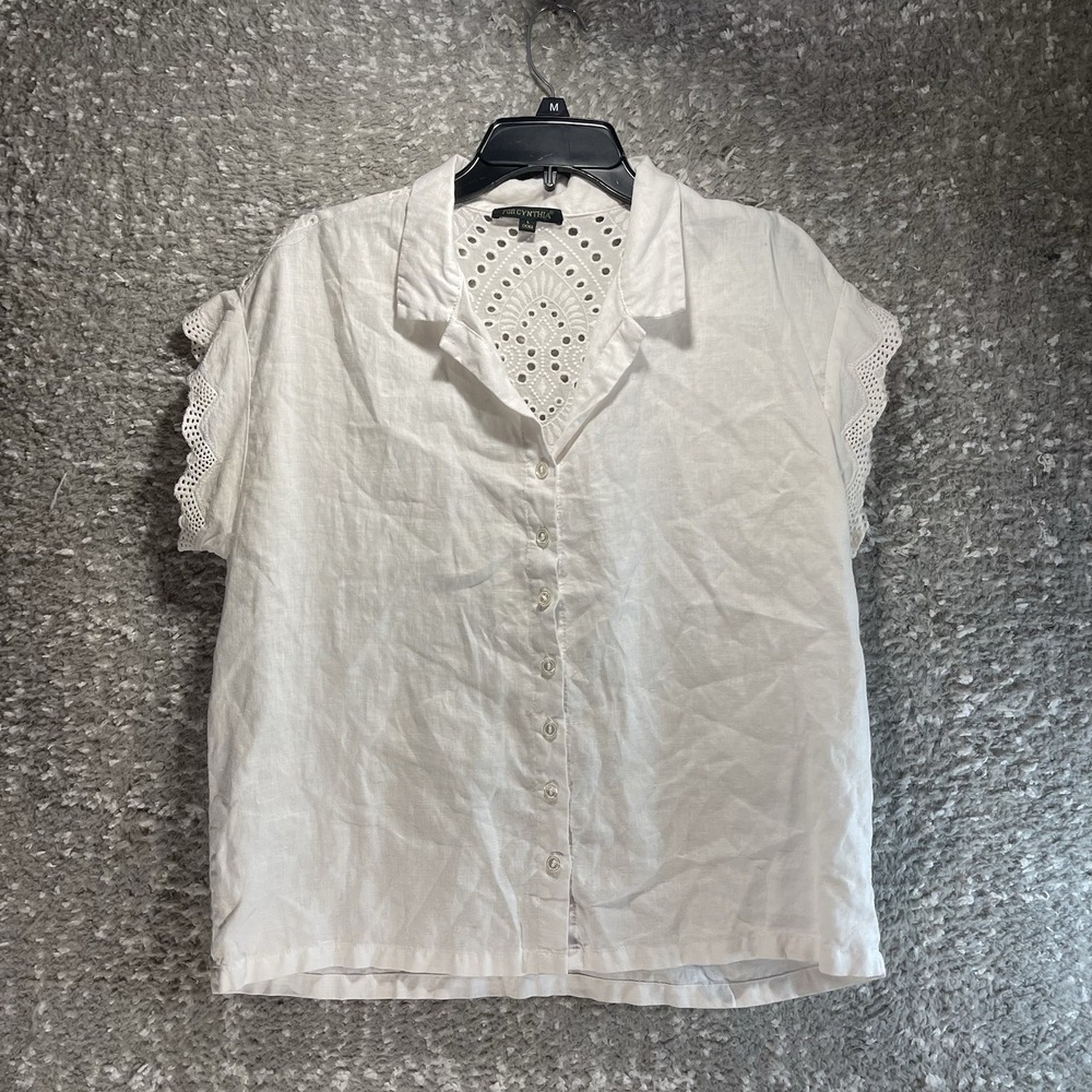 For Cynthia White Eyelet Linen Peasant Blouse L Short Sleeve Beach Coastal Vacay